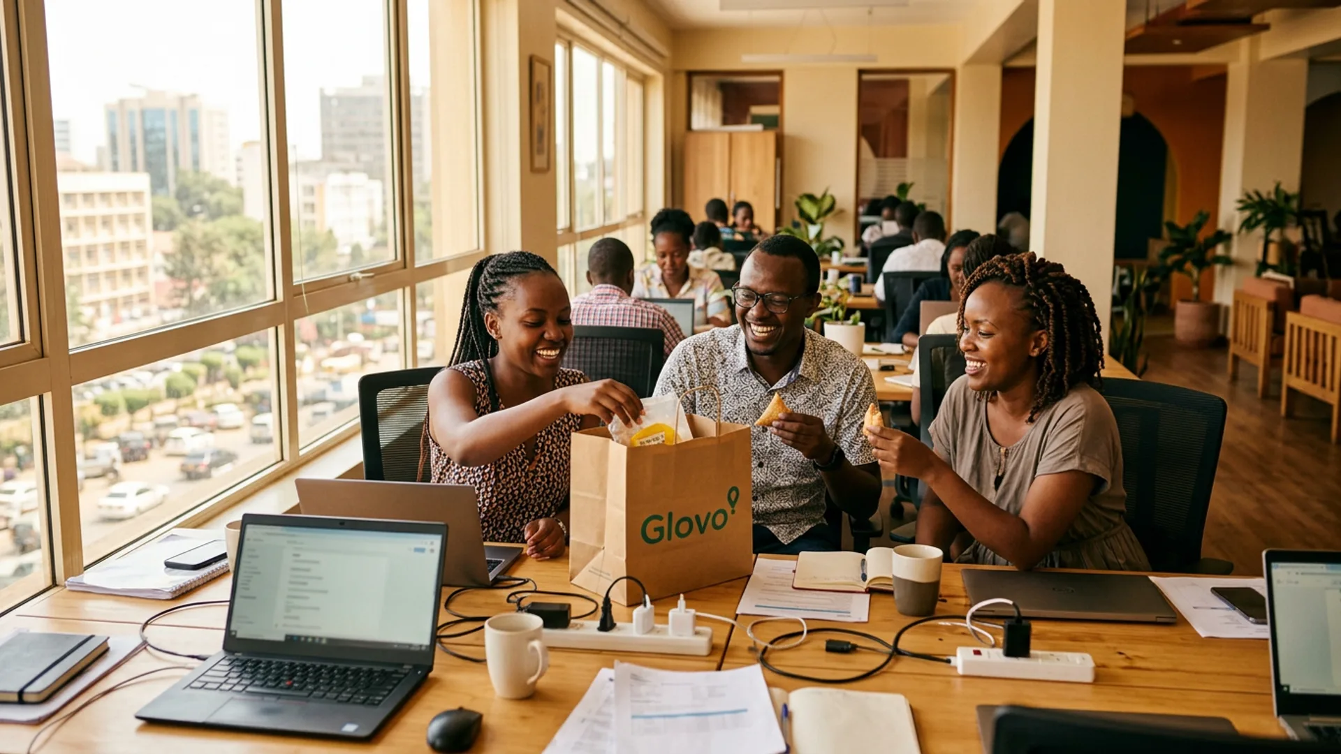Team enjoying Karibu Munch snacks at the office
